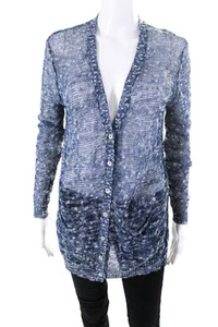 Jennifer T Womens Open Weave Loose Knit V Neck Cardigan Sweater Blue Linen XS - Picture 1 of 6