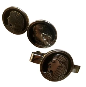 Juego de gemelos y clip de corbata SWANK vintage, plateado y negro, cisne todo marcado - Imagen 1 de 5