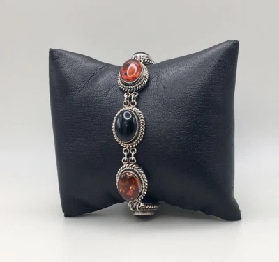 Pulseira de elos vintage de prata esterlina 925 BA oval âmbar e ônix preto - Imagem 1 de 4