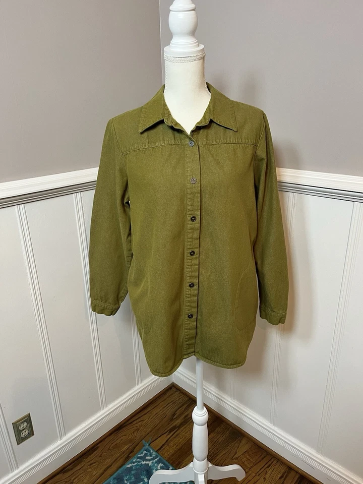 Joan Rivers Olive Green Chambray Cotton Button Up Jacket Shacket Blazer Size M - Image 1 of 4