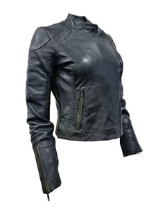 Femmes Vintage Gris Cintré Rétro Brando Style Cuir Veste Motard - Picture 1 of 3