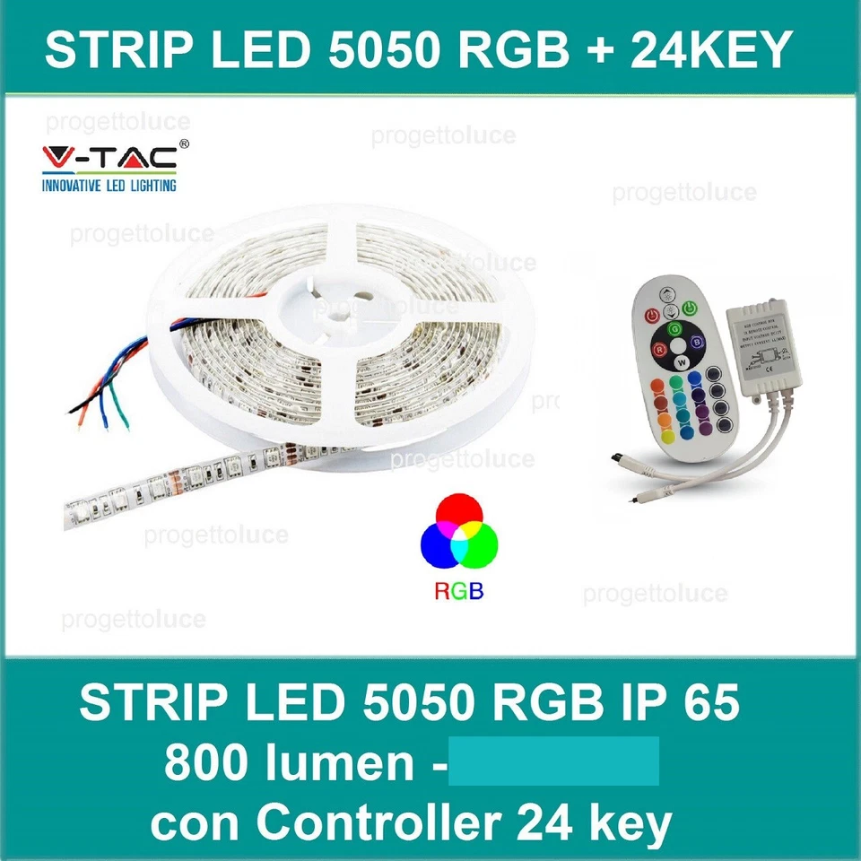 STRISCIA LED 5050 ADESIVA FLESSIBILE V-Tac SMD  5 MT Strip Multi Colore RGB IP65 - Immagine 1 di 1