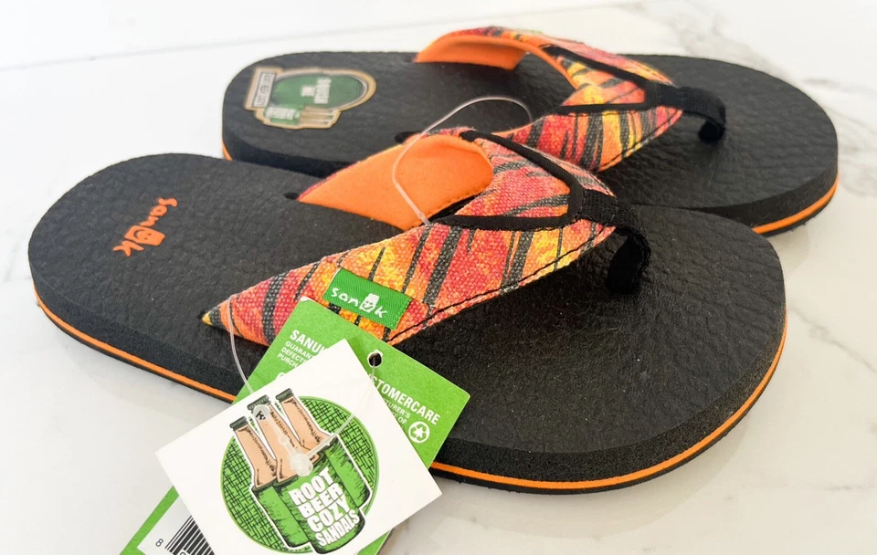 NWT! Sanuk Root Beer Cozy Funk Shoes Sandals Flip Flops Orange Red Boys Sz 11-12 - Image 1 of 4