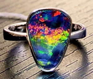 Natural Australian Opal Ladies Womans ring 7 RAINBOW FLASH Fire VIDEO Sterling - Picture 1 of 10