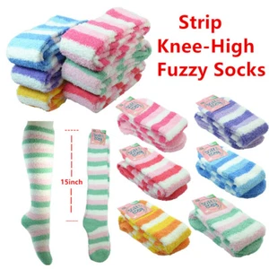 3~12pairs Women Girl Winter Socks Cozy Fuzzy Slipper Long Knee High Lot Strip - Picture 1 of 9