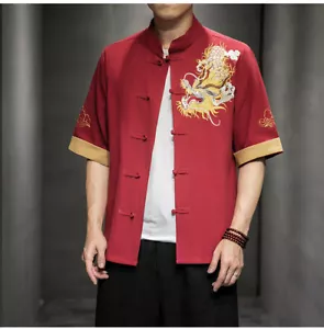 Camicia a maniche corte da uomo cinese cotone tuta drago ricamata camicia top - Foto 1 di 18