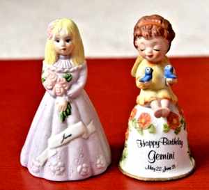 Two Vintage Ceramic Birthday Bells-MIC June Girl & May/June Gemini Girl w/ Birds - Picture 1 of 12