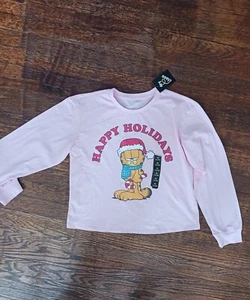 Girls Garfield Cropped Long Sleeve T-Shirt Pink Christmas. Sz XL (14/16) - Picture 1 of 7
