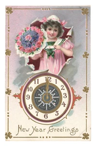 c.1910 New Year Midnight Clock Pink Dress Girl Deliver Flowers Postcard Tuck VTG - Picture 1 of 2