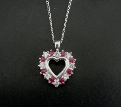 Ruby with Cubic Zirconia Stones Heart Sterling Silver 925 Pendant Chain Necklace - Image 1 of 4