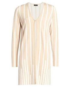 SAKS FIFTH AVENUE COLLECTION Silky Stretch Beige White Stripe Cardigan SMALL S - Picture 1 of 8