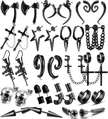 16 pares de aretes colgantes negros punk y2K de acero inoxidable para hombre, hacha calavera tornillo Foto 1 de 4
