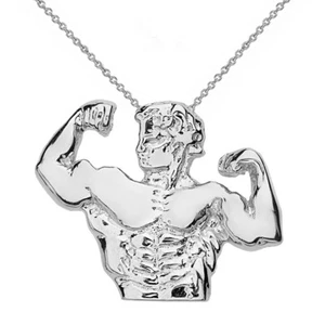 Sterling Silver Bodybuilding Double Bicep Pose Abs Muscle Pendant Necklace - Picture 1 of 3