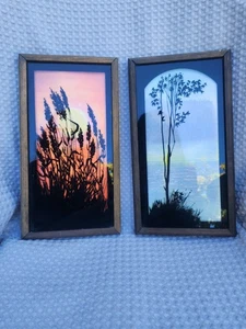 Lot de 2 photos vintage 1970 silhouette peinte au revers arbre blé rétro boho - Photo 1/12