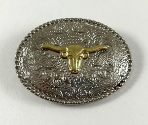 Child Western Style Longhorn Silver & Gold Toned Metal Belt Buckle 3”x2” Rodeo - Picture 1 of 3