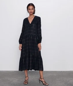 Zara schwarz kariertes V-Ausschnitt Relaxed Maxi Midikleid Bohemian Boho Gr. M Langarm - Bild 1 von 13
