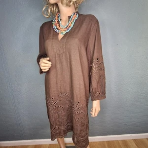 Vestido McLaughlin Mezcla de Lino Midi LS Corte Bordado Moca Marrón XL USADO EN EXCELENTE ESTADO - Imagen 1 de 16