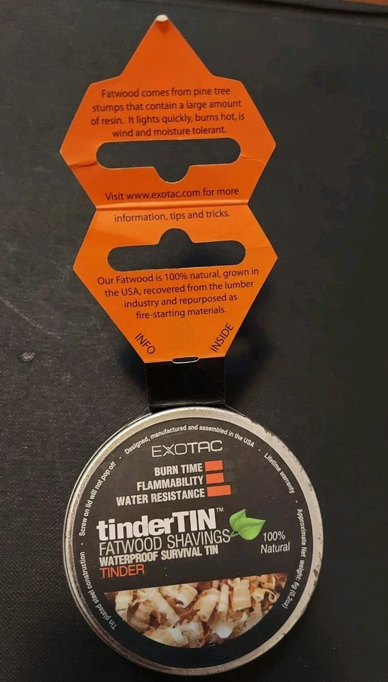 Aparas de madeira gorda Exotac Tinder TIN 6G NOS, acampamento, sobrevivência, iniciador de incêndio, preparador - Imagem 1 de 3