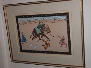 VINTAGE ORIGINAL INDIA PAINTING TIGER HUNT  ELEPHANT WARRIORS 14 X 10.75 INCHES - Picture 1 of 12