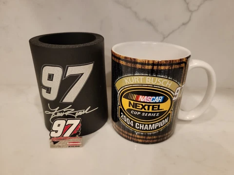 Lot 3 Kurt Busch Nascar Items Pin, Foam Koozie,  #97 Coffee Mug Cup Nextel 2004 Cover