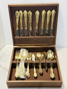 International Summer Rose Stainless Steel Gold Plated Flatware Set Service For 8 - Picture 1 of 12