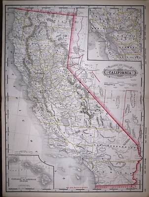 Mapa 1889 ~ CALIFORNIA ~ (XL17x23) Coloreado - Buen Estado ~ Envío y devolución gratuitos-#032 Foto 1 de 2