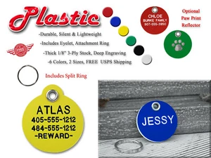 ROUND PLASTIC Pet Dog Cat Identification Name Tags-A Custom Engraved ID Tag - Picture 1 of 6