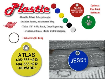 ROUND PLASTIC Pet Dog Cat Identification Name Tags-A Custom Engraved ID Tag - Image 1 of 4