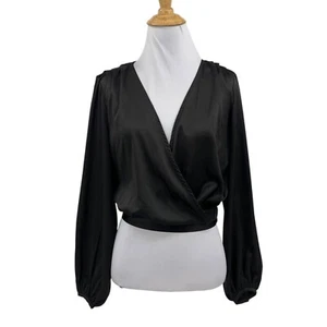 Kendall & Kylie Top Women Extra Small Black Satin Overlap Cropped Billowy Sleeve - Picture 1 of 10