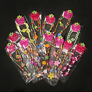 Wholesale Lot Wood Beads Cute Pink Heart Kids Necklace Bracelet Set - Picture 1 of 12