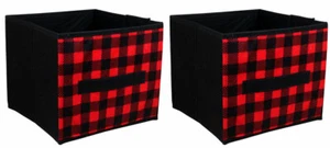 Buffalo Check Fabric Storage Bin Cube with Handle Black & Red 9x9x8" ~ Set of 2 - Picture 1 of 3