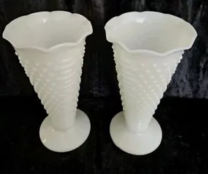 Fenton Pr. Hobnail Milk Glass VINTAGE Large CENTREPIECE TABLE TALL VASES 9.6 In. - Picture 1 of 11