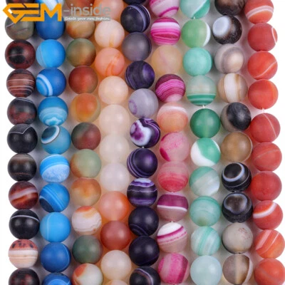 Natural Gemstone Round Matte Striped Agate Onyx Beads Jewelry Making Strand 15" - Image 1 of 4