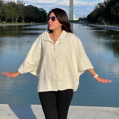 ANDEAN ALPACA BABY ALPACA HANDMADE WOMEN LIGHT BEIGE SHAWL CAPE M - Image 1 of 4