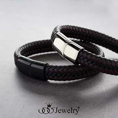 Pulsera de cuero trenzado con cierre magnético de acero inoxidable elegante 555Jewelry para hombre Foto 1 de 4