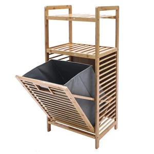Bamboo Bathroom Laundry Hamper Cabinet Tilt Out Basket Storage W/2-Tiers Shelf - Picture 1 of 21