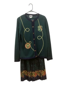 VTG Leslie Fay Size 10 Skirt /Cardigan Set Equestrian Embroidered Coats Of Arms - Picture 1 of 10
