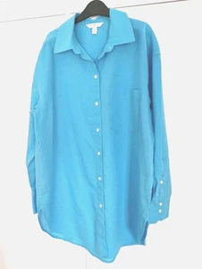 H&M 💙 Bright Blue Oversized Long Linen Mix Shirt /Blouse ** Sz S 10-12-14 - Picture 1 of 12