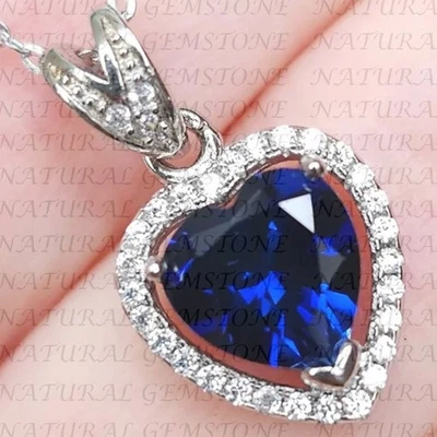 5.50Carat Heart Shape Natural Sapphire and Diamond Pendant 18K White Gold Plated - Image 1 of 4
