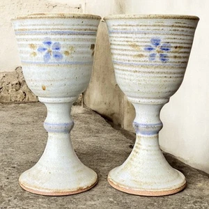 Studio Art Pottery Goblets Renaissance Chalices Stoneware White Blue Signed 2 - Picture 1 of 12