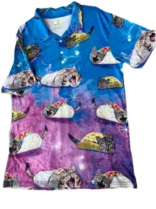 Obnoxious Golf Taco Cats Polo Shirt Men L Blue Pink AOP Short Sleeve Stretch - Picture 1 of 9