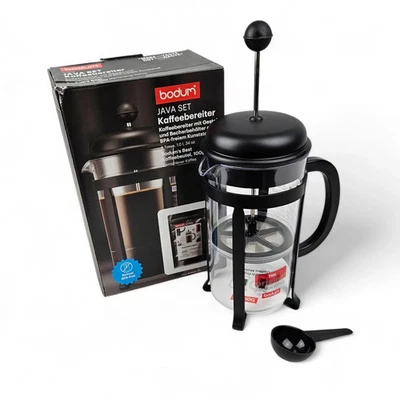 Bodum Java French Press Kaffeebereiter Glass 1L BPA frei Schwarz mit Löffel