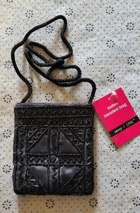 Beaded Black Satin Aztec Coin Change Purse Bag Cord Strap Hook Loop Closure NWT - Picture 1 of 2