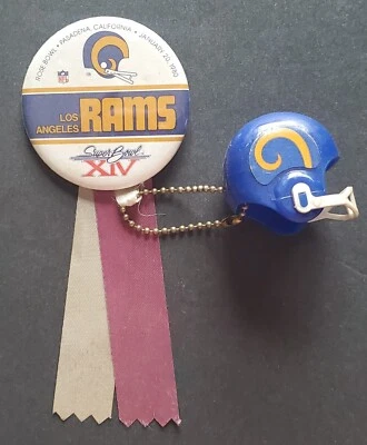 ** RARE 1980 Los Angeles Rams Super Bowl XIV Pinback Button Ribbon and Helmet !! - Image 1 of 3