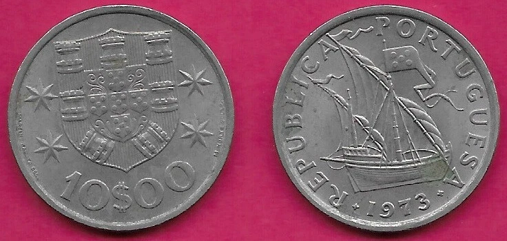 PORTUGAL 10 ESCUDOS 1973 UNC A SHIP SAILING TO THE RIGHT,AND SHIELD FLANKED B - Image 1 of 1