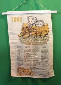 Vintage Calendar Cloth Kitchen 1982 Puppies Kittens 15 x 24 inches - Picture 1 of 3
