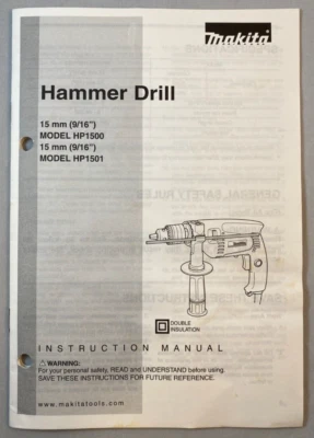 Makita HP1500 ~ 9/16” Corded Hammer Drill 5 Amp 2800RPM Manual - Image 1 of 2