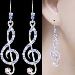 #E520A Pair Pierced Hook Dangle Treble Clef Music Note Crystal Earrings 2" New - Picture 1 of 16