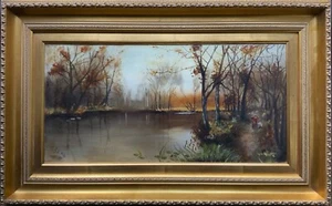 A GORGEOUS ORIGINAL EARLY 20thC AUTUMN RIVER LANDSCAPE OIL ON CANVAS PAINTING - Picture 1 of 8