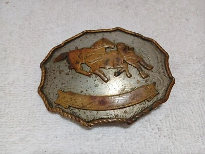 Vintage Steer Wrestling Trophy Belt Buckle German Silver Western Rodeo  - Image 1 of 4